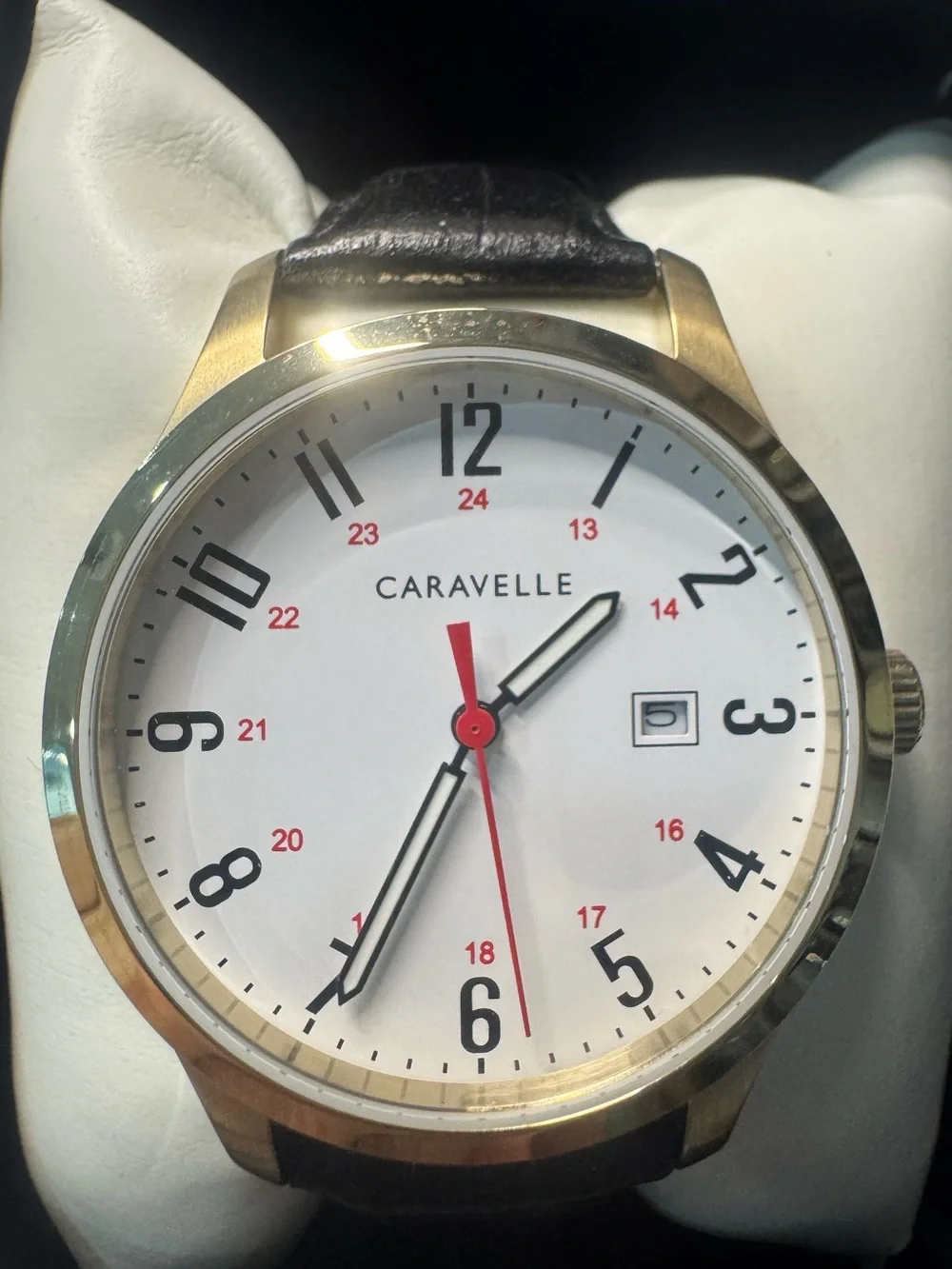#216 Bulova Gold-Tone Case White Dial Watch with Black Strap and Red Seconds